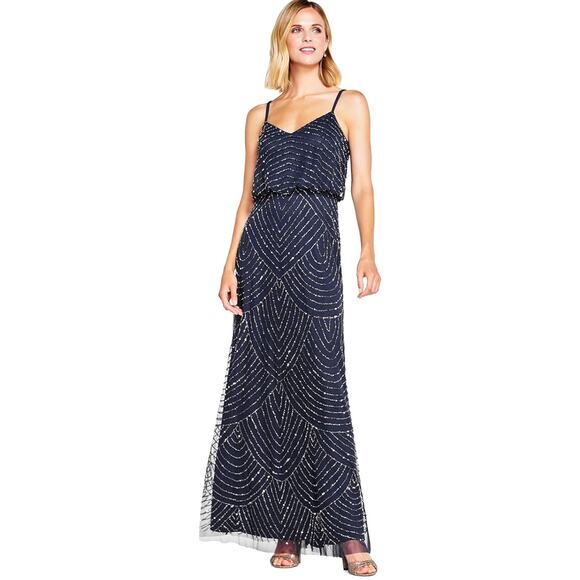 Adrianna Papell Navy Blue Sequin Beaded Blouson Sleeveless Art Deco Gown Size 2 - Picture 1 of 11